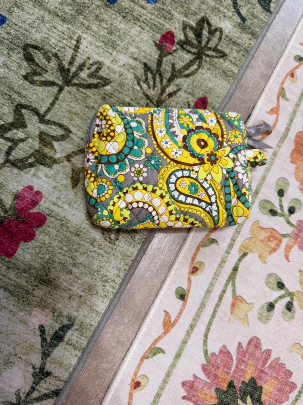 Vintage Vera Bradley Yellow Teal Paisley Quilted Zip Cosmetic Bag Pouch